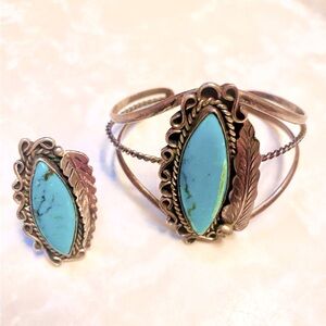 Vintage Navajo Signed Bryan Joe Sterling & Turquoise Cuff Bracelet & Ring Set